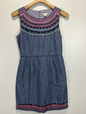 J. Crew Factory Sleeveless Chambray Dress Sz 4 Womens Blue Pockets Embroidered