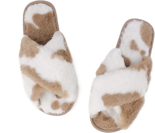 Crisscross Fluffy Khaki Cow Print Slippers 8.5-9 New Sealed