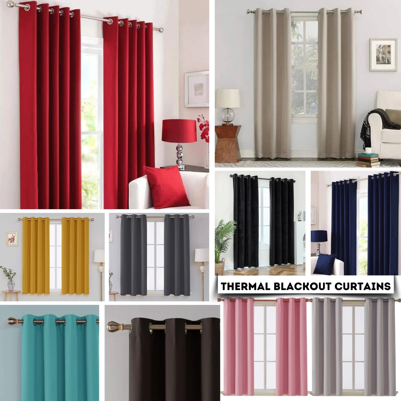 Thermal Blackout Curtains Eyelet Top Pair with Tiebacks UK Fast Dispatch