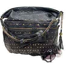 :classy Chic Large Olivia Harris Black Leather Stud Embellished Shoulder Bag