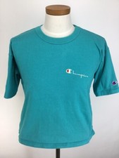 Vtg 80's Women's Champion Crop Top T Shirt Single Stitch Teal USA Made Sz Large