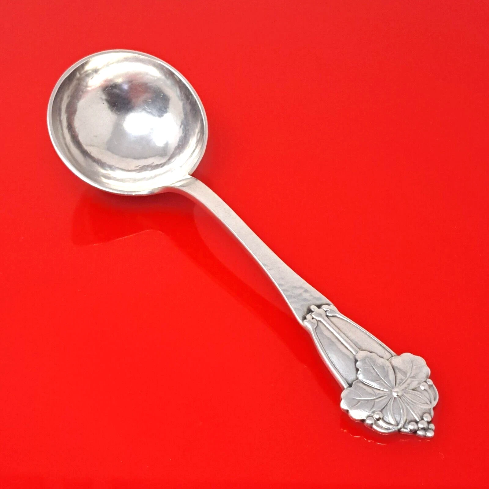 Erik Magnussen Hammered 830S Silver Sauce Gravy Ladle Flower Design 7.5" Denmark