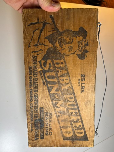 Antique Sun-Maid Baby Puffed Raisins Wooden Crate Sign Plaque Fresno California - Picture 12 of 14