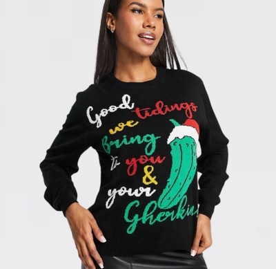 Threadbare Plus Christmas Gherkin Women's Crew-Neck Knit Sweater In Black 12US