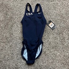 Nike USA Kids One Piece Swimsuit Navy Blue Polyester Spandex Youth Size 12