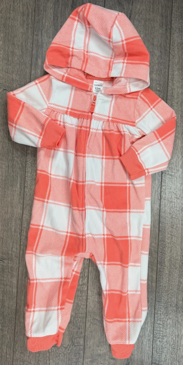 Baby Girl Clothes Carter's 12 Month Peach Check Heart Fleece Hooded Outfit