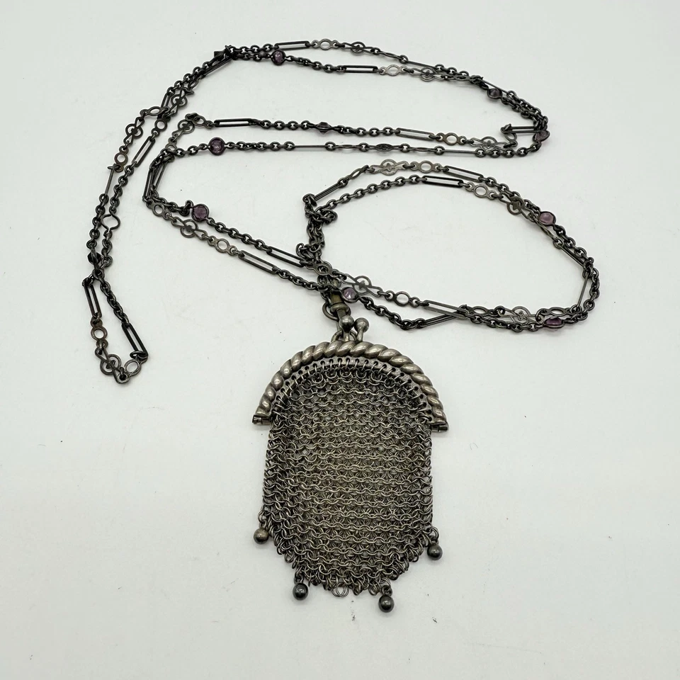 Antigua mini cartera de malla de plata esterlina con solapa de 60" cadena negra púrpura detalles Foto 2 de 4