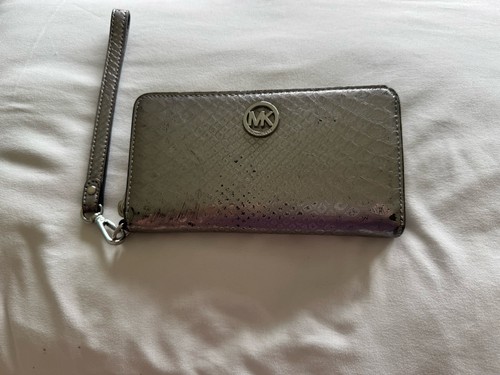 Michael Kors Snake Print Metallic Gunmetal Zip-Around Wallet w/ Wristlet Logo