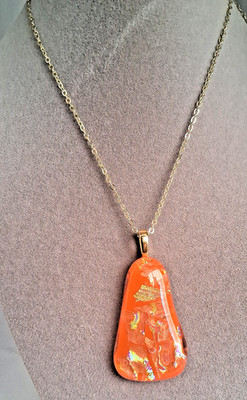 Abstract Orange/Gold Shimmery Iridescent Glass Pendant Necklace 26''