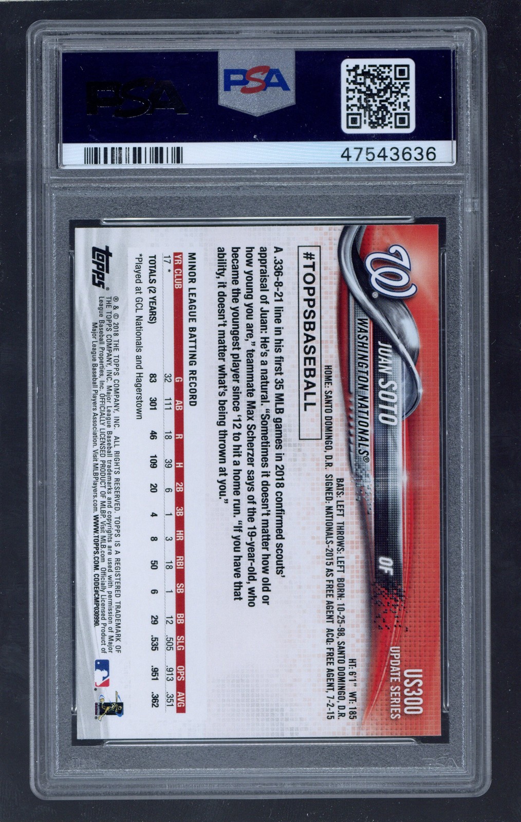 2018 Topps Update #US300 Juan Soto ROOKIE RC PSA 9 view 2