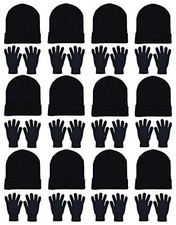 24x Winter Beanies  Gloves Combo Pack, Bulk Black 12 Beanies/12 Pairs Gloves 