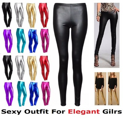 Schwarze Wetlook Leggings HIGH WAIST Kunstleder Damen Stretch Hose PVC Hose