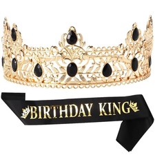 Men's Birthday King Crown Sash Black Gold Rhinestone Adjustable Alloy