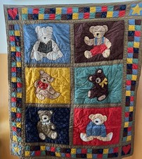 Vintage Hand Quilted Teddy Bear Quilt Wall Hanging Lap Size 48" 55"