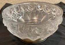 William Adams Frosted Lead Crystal Rose Pattern Bowl Silver Plated Base Vintage