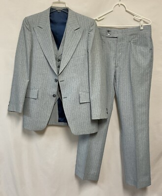 Vintage Phoenix Mens 3 Piece Leisure Suit Light Blue Pinstripe Disco 60s 70s