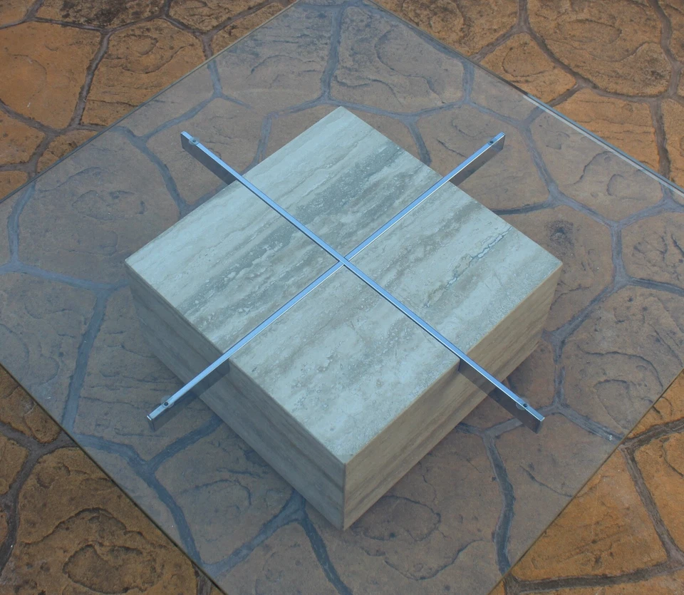 MESA DE CENTRO ARTEDI ITALIANA DE VIDRIO TRAVERTINO VINTAGE MEDIADOS DE SIGLO MODERNA ITALIA Foto 4 de 4