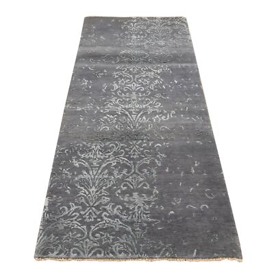 2'9''x6'9'' Gray Erased Abarasque Design Wool and Silk Handmade Runner Rug G87330