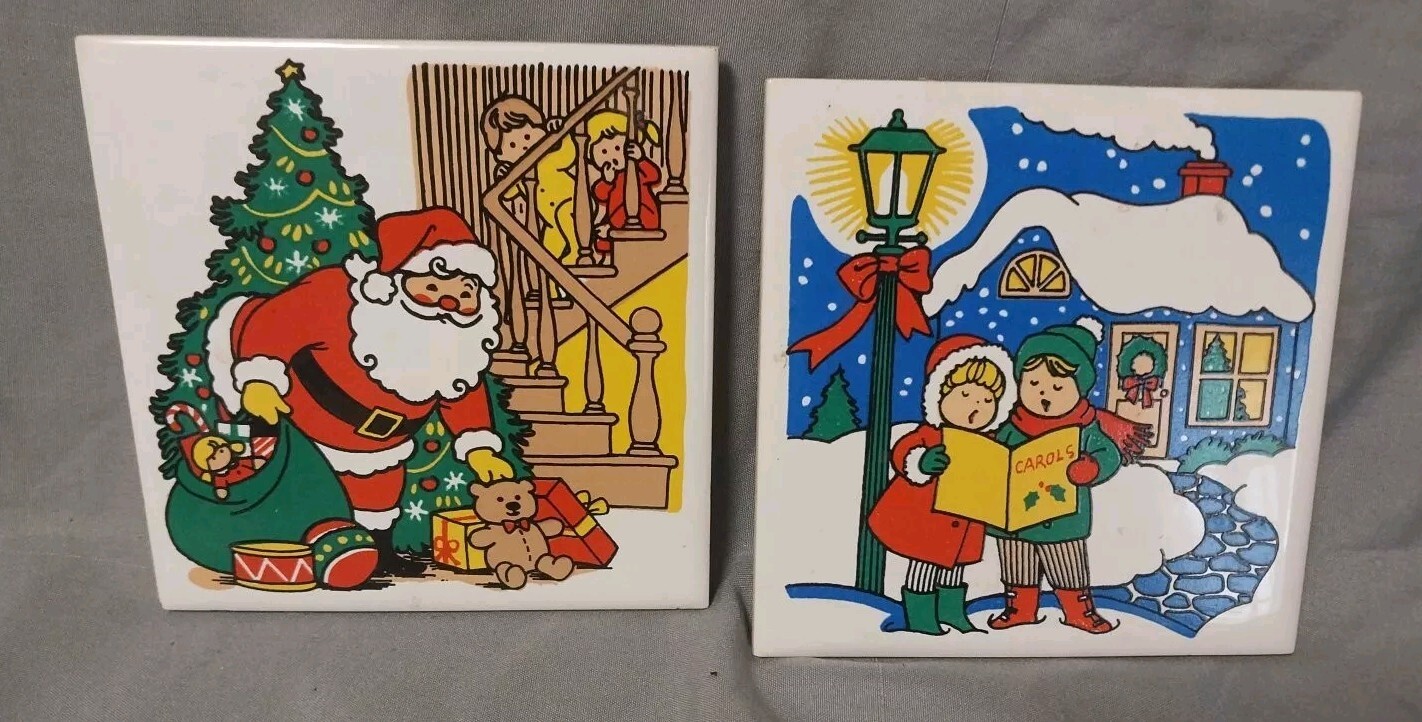 Vintage Set Of 2  1982 Christmas Trivets tile ceramic JSNY Taiwan Santa 4x4
