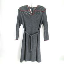 Vtg 70s Jerrie Lurie Dress L Mod Retro Gray Burgundy Piping Pullover Tie Belt