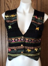Vintage INStyle Black Wooden Animal Beaded Embroidered Vest Medium T9