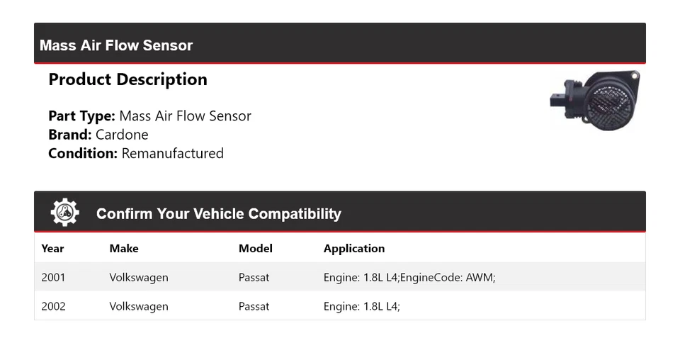 For 2001-2002 Volkswagen Passat 1.8L L4 Mass Air Flow Sensor Cardone - Image 2 of 4