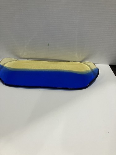 blown art glass tray blue and yellow 13x7 Tray - Picture 3 of 10