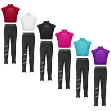 Kids Girls Outfits Exercise Sportwear Shiny Dancewear Jogging Costume Patchwork