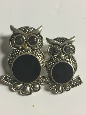 Vintage Metal Owls Couple Mom & Son Brooch Pin Pendant Silver & Black Novelty