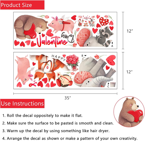 Happy Valentine'S Day Wall Decals Stickers, Valentine Animals Red Love Heart Flo - Picture 2 of 12