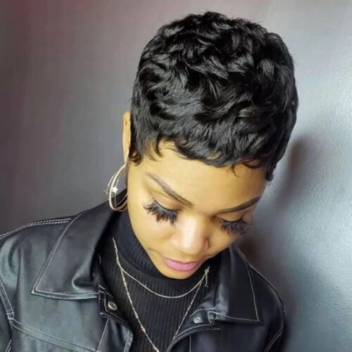 US Real Human Hair Short Black Wave Wig Pixie Cut None Lace Wigs Dress  Party Wig | eBay