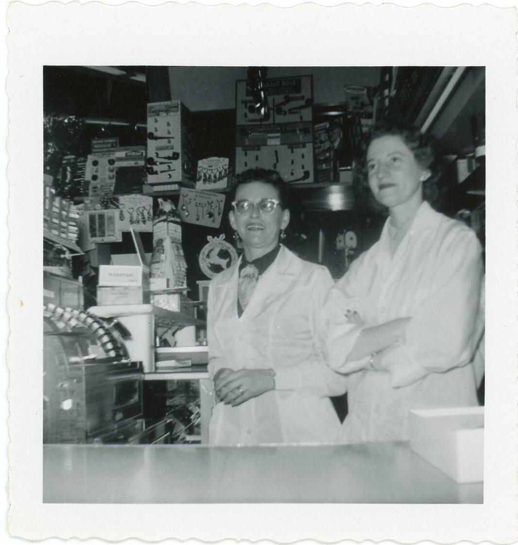 Vintage Snapshot Photo Two Women Running Store Cash Register Shop Interior 88
