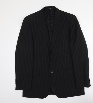 Zara Mens Black Striped Wool Blend Suit Jacket Size L Reg