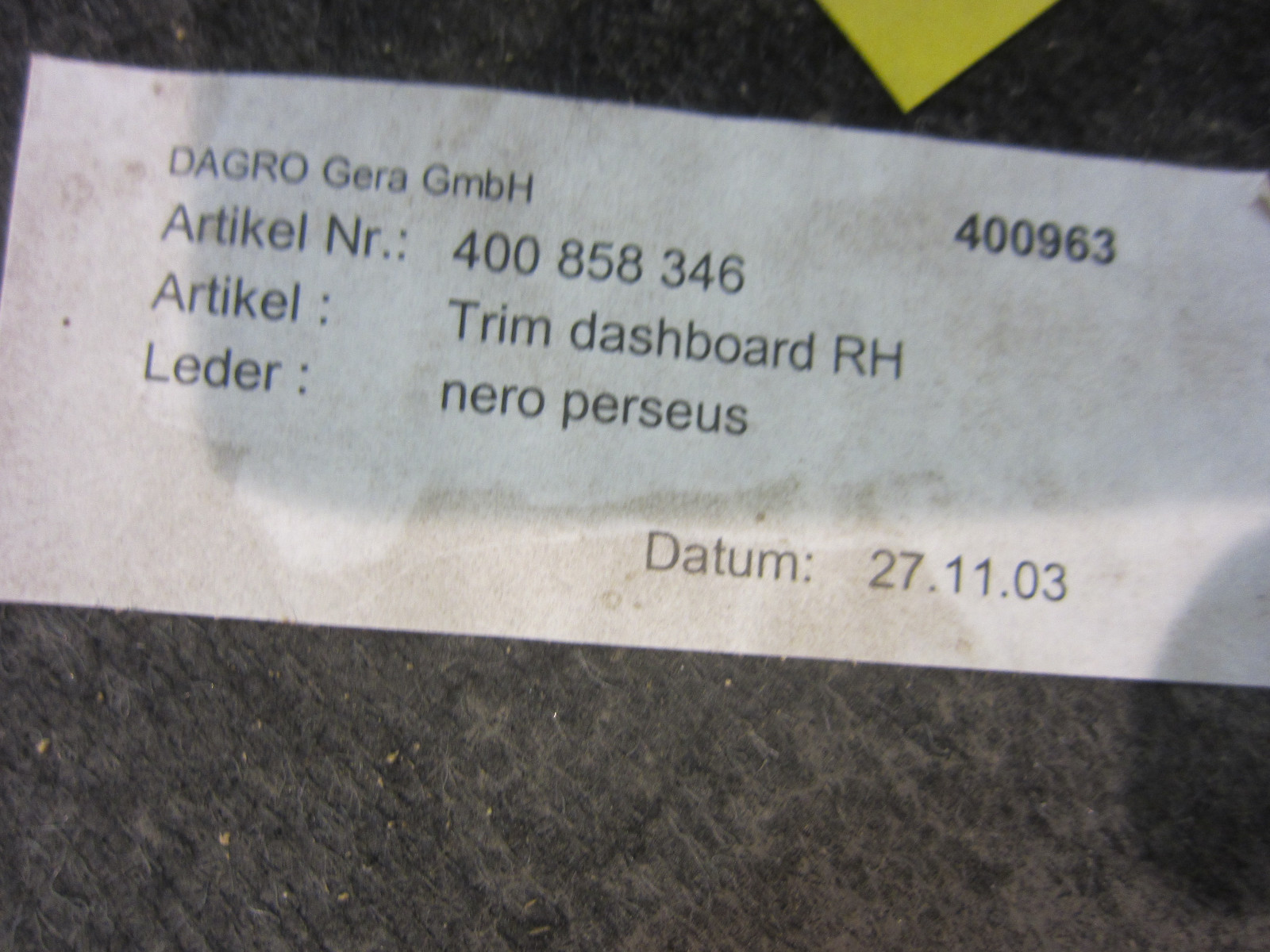 Lamborghini Gallardo - RH Dash Trim / Gap Cover - Black - P/N 400858346