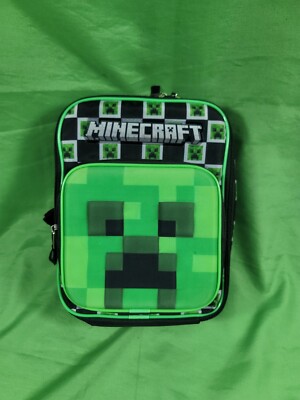 10'' Minecraft Creeper 3D Insulated Lunch Bag 2 Zipper Pockets Bottle Holder