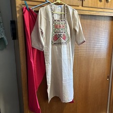 Women  s Pink Off White Indian Ethnic Dress Tunic Top Embroidered Mirror Size M