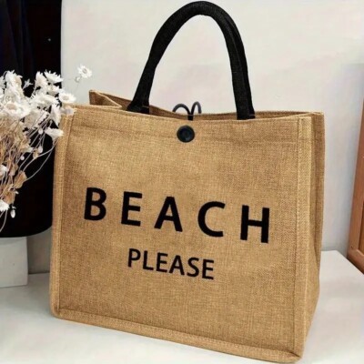 Beach Please Burlap Linen Beach Travel Tote Bag Vacation Khaki - New
