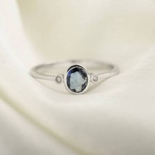 Natural Blue Sapphire and Diamonds Minimalist Women Ring 10k Solid White Gold