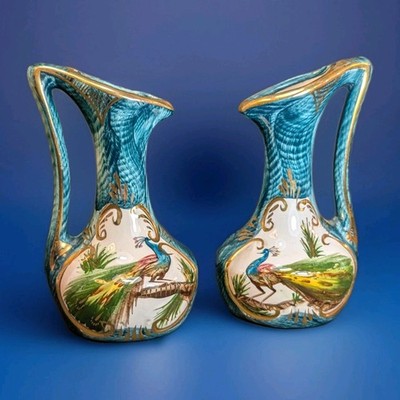 Set of 2 H Bequet Quaregnon Belgium Peacock Flower Vase Handpainted Vintage