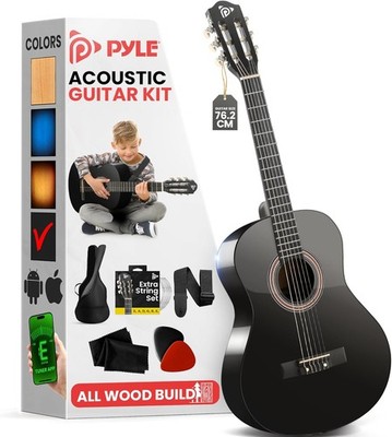Pyle Beginner Acoustic Guitar Kit, 1/4 Junior Size All Wood Instrument for Adult