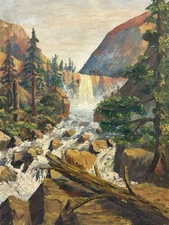 🔥 Antique 1920s EARLY California PLEIN AIR Waterfall Landscape Painting, EATON