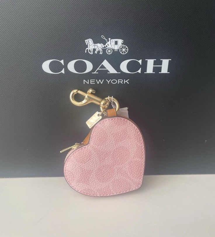 Coach Heart Bag Charm In Signature Canvas CEA22 Gold/Powder Pink