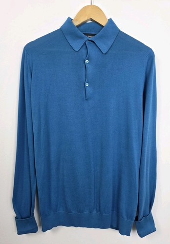 John Smedley, John Smedley Polo Mens S Turquoise Sea Island Cotton Long Sleeve Made Britain