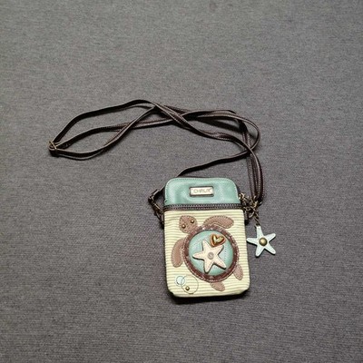 Chala Turtle Sea Star Crossbody Phone Bag Green Brown Stripe Leather Applique