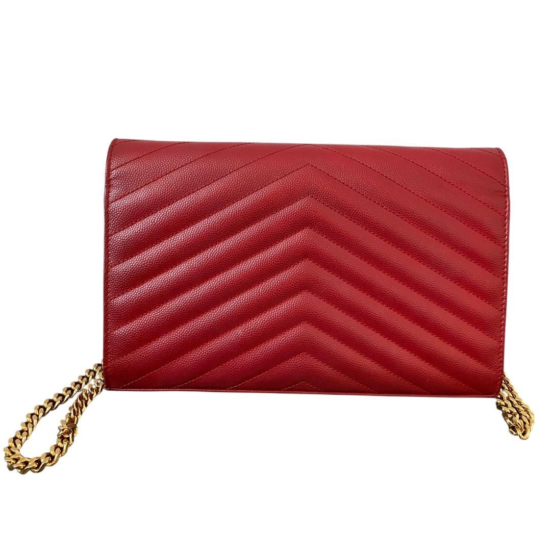 Autentico portafoglio Saint Laurent pelle caviale catena YSL hardware borsa rossa