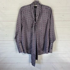 Carlisle Collection Womens Silk Blouse Size 2 Purple Print Button Front Neck Tie