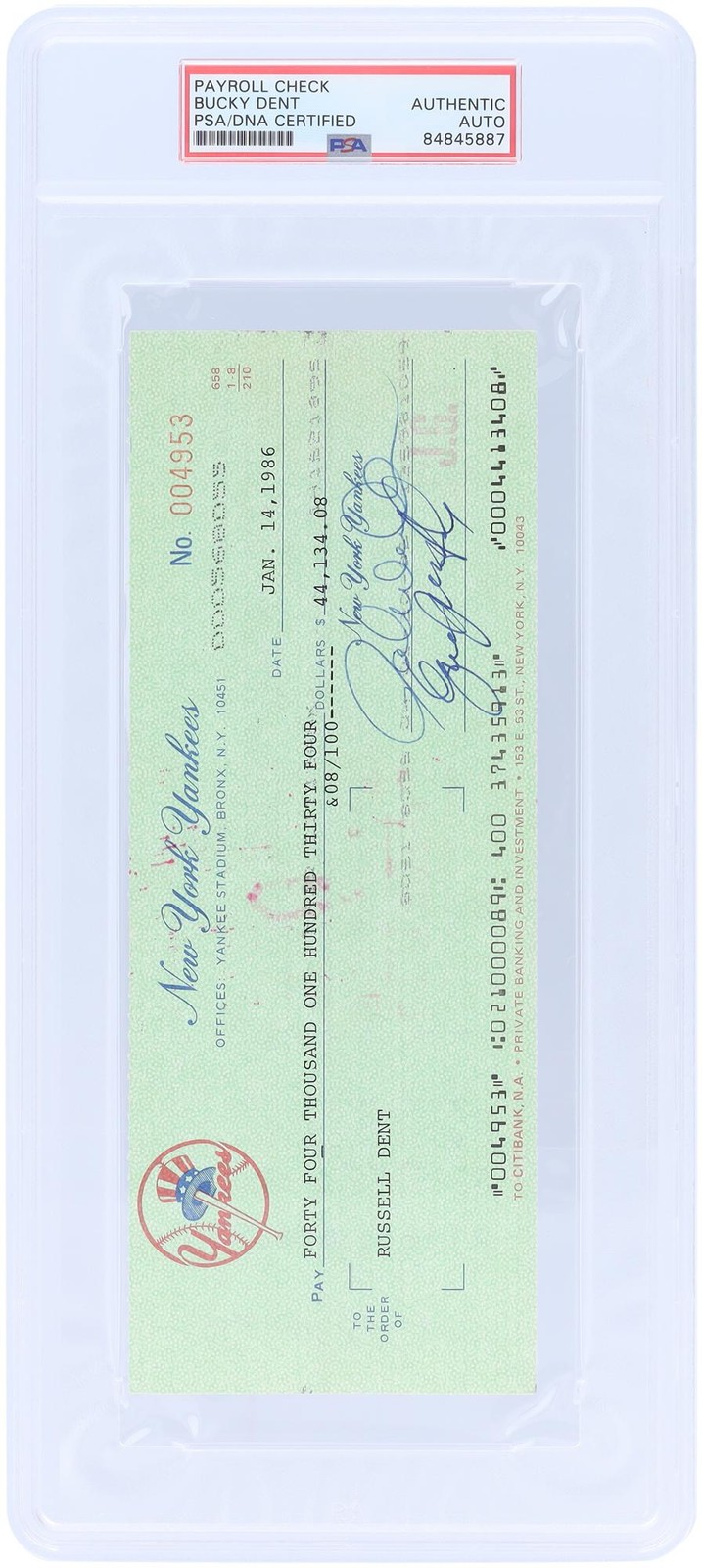 Bucky Dent New York Yankees Signed Check from January 14, 1986 - PSA 84845887