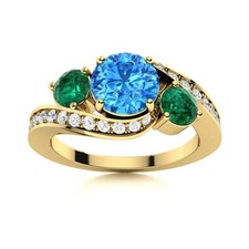 Swiss Blue Topaz  Emerald 5MM Round 925 Silver Gold Plated Three Stone Ring