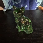 Fenton Green Sitting Cat Glass Figurine 3.75” Collectible