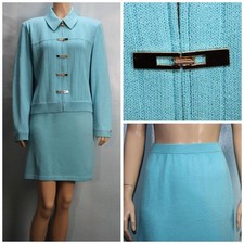 St. John Collection Teal Blue Jacket Skirt L Size 12 10 2pc Suit Gold Clasps